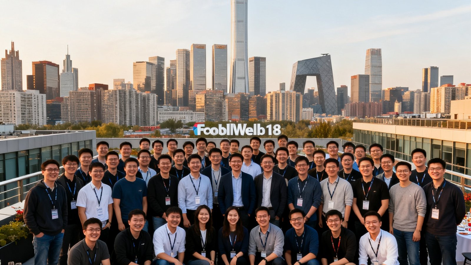 足球网技术团队在2024年度年会上于公司露台的合影，180名员工笑容满面，背景是北京CBD天际线。